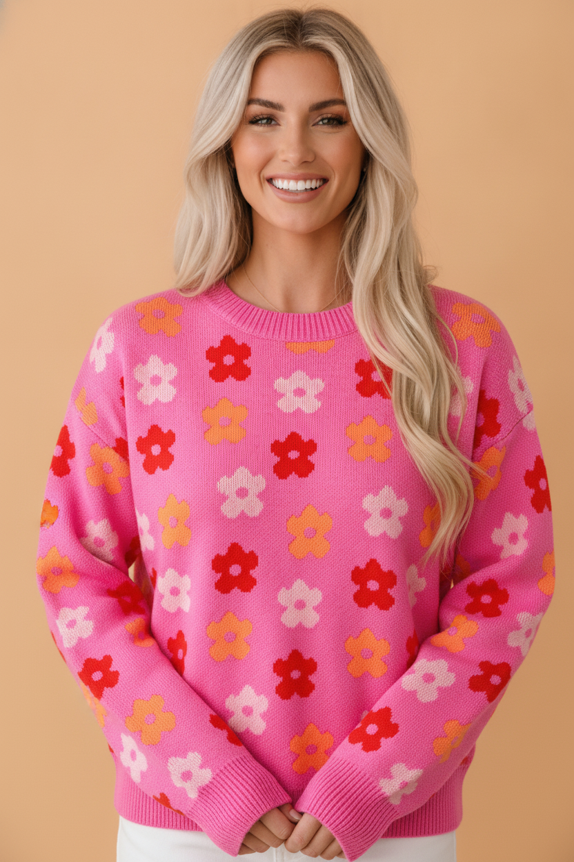 Flower Ribbed Trim Drop Shoulder Sweater