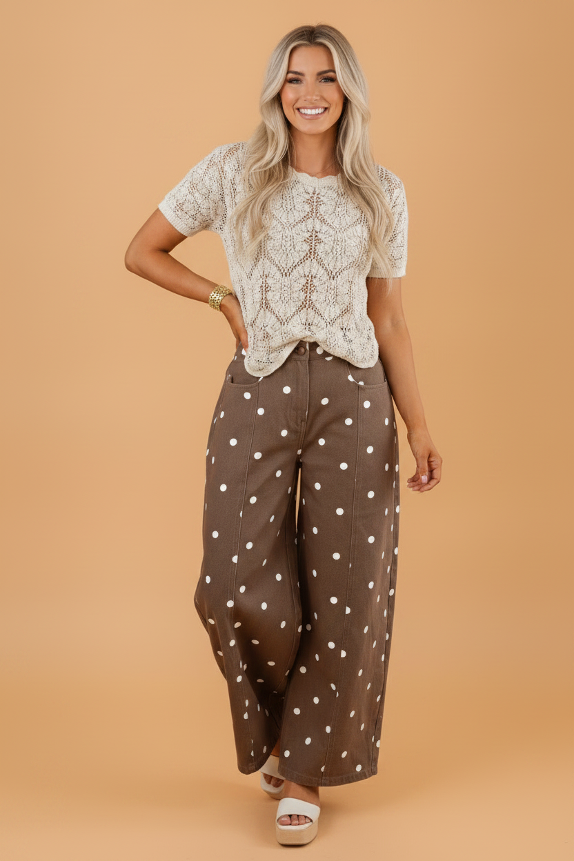 Polka Dot Denim Tailored Seam Barrel Leg Jeans
