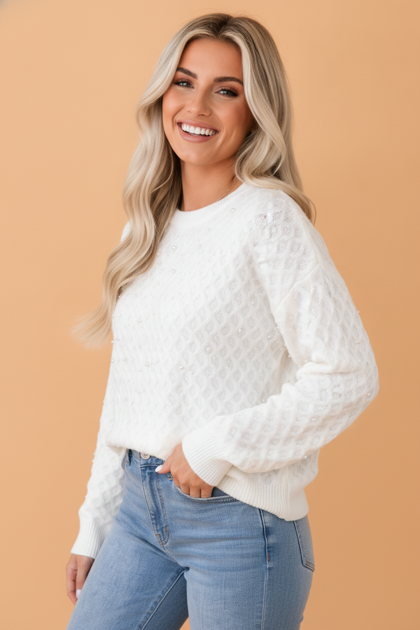 Solid Pearl Embellished Textured Knit Sweater