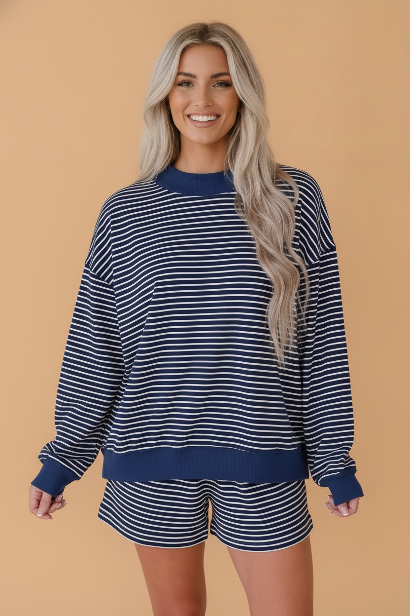 Stripe Ribbed Patchwork Mock Neck Pullover & Shorts Set