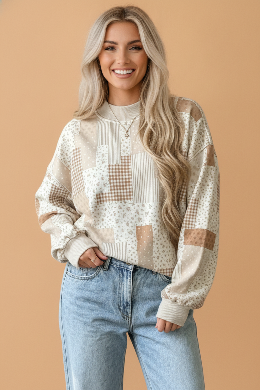 Floral Patchwork Mock Neck Long Sleeve Sweatshirt