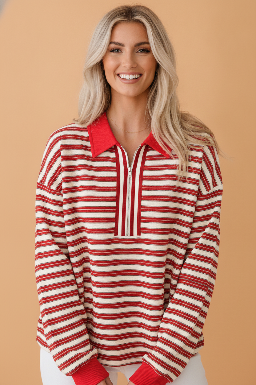 Stripe Contrast Zip Collared V-Neck Long Sleeve Top
