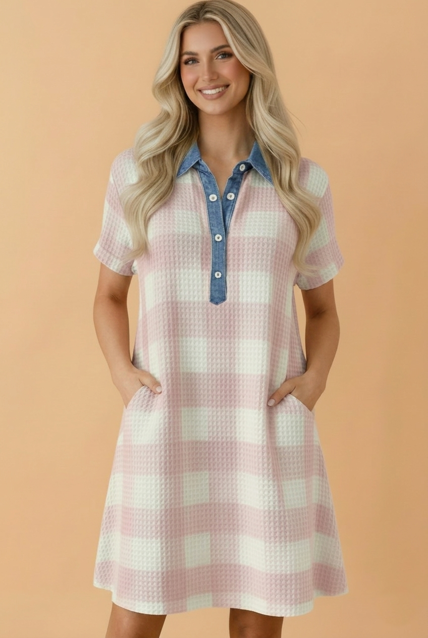 Plaid Contrast Denim Collared T-Shirt Mini Dress
