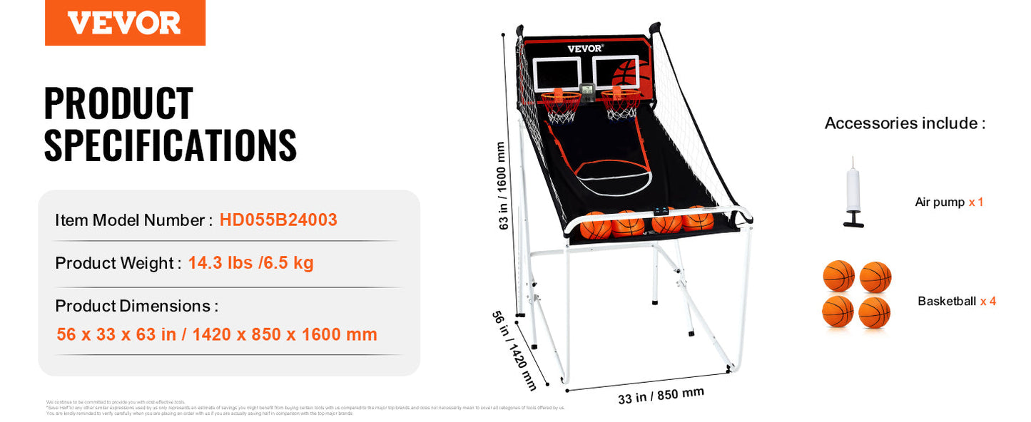 VEVOR Foldable Basketball Arcade Game 2 Player Indoor Basketball Game Home Dual Shot Sport w/ 4 Balls 8 Game Modes for Kid Adult