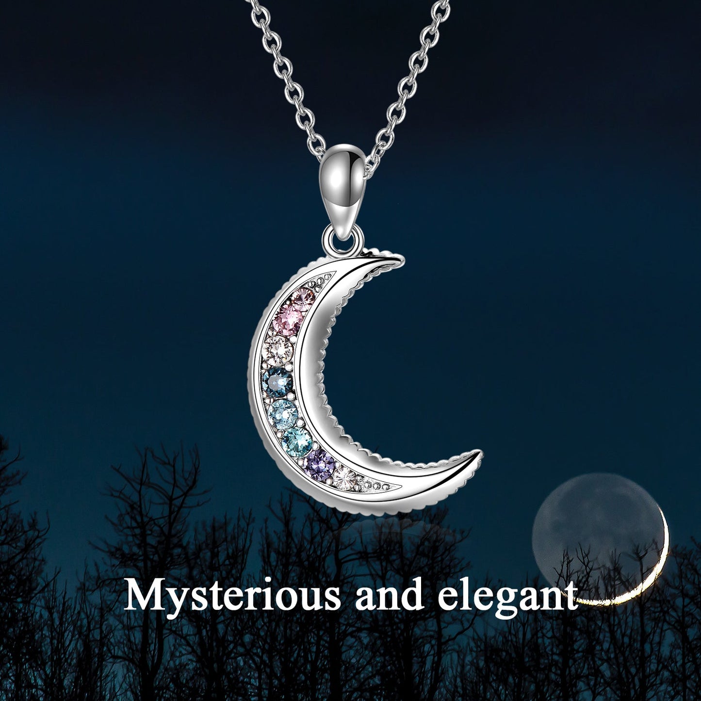 Sterling Silver Moon Necklace Crescent Moon Pendant with Crystals