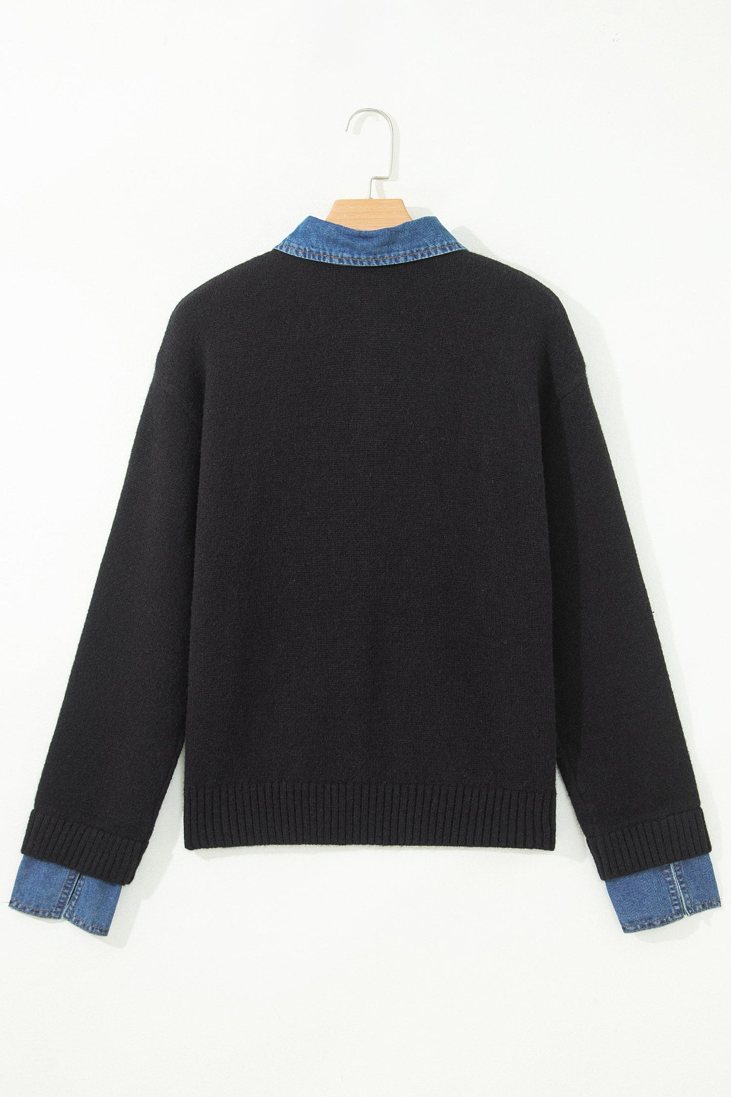 Denim Patchwork Collar Cuffed Long Sleeve Sweater