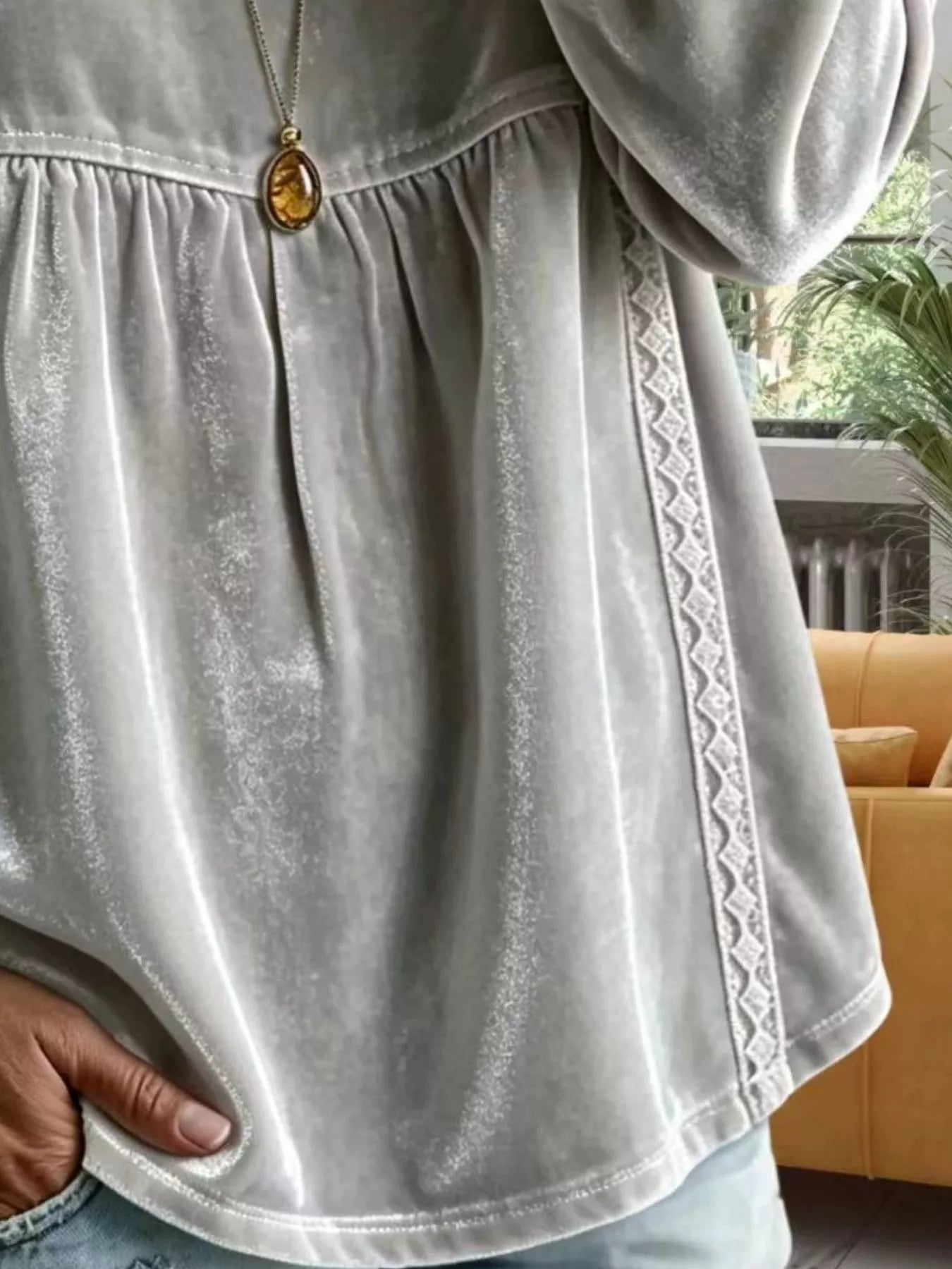 Full Size Velvet Lace Detail V-Neck Blouse Plus Size