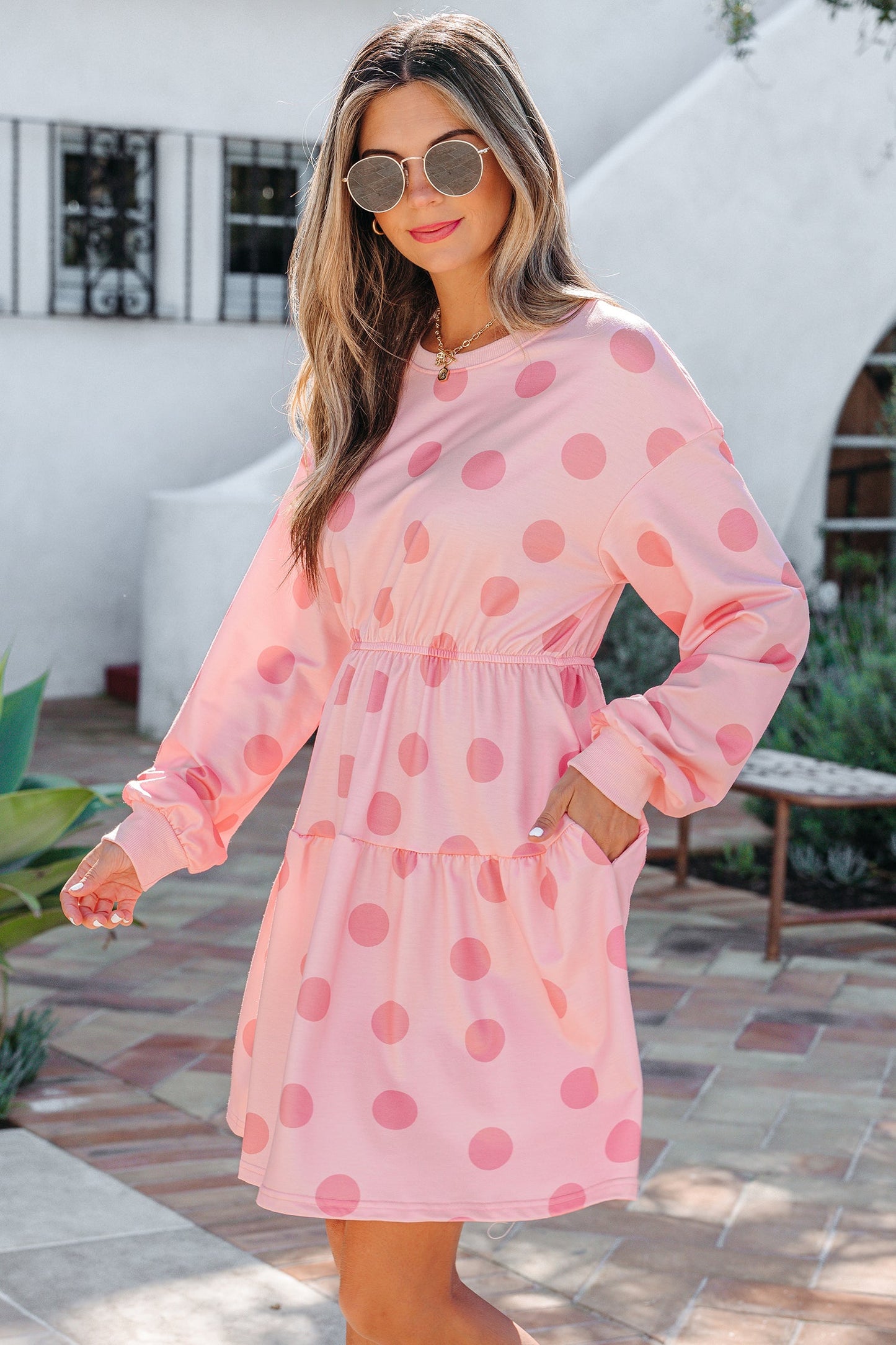 Polka Dot Long Sleeve Flared Mini Dress