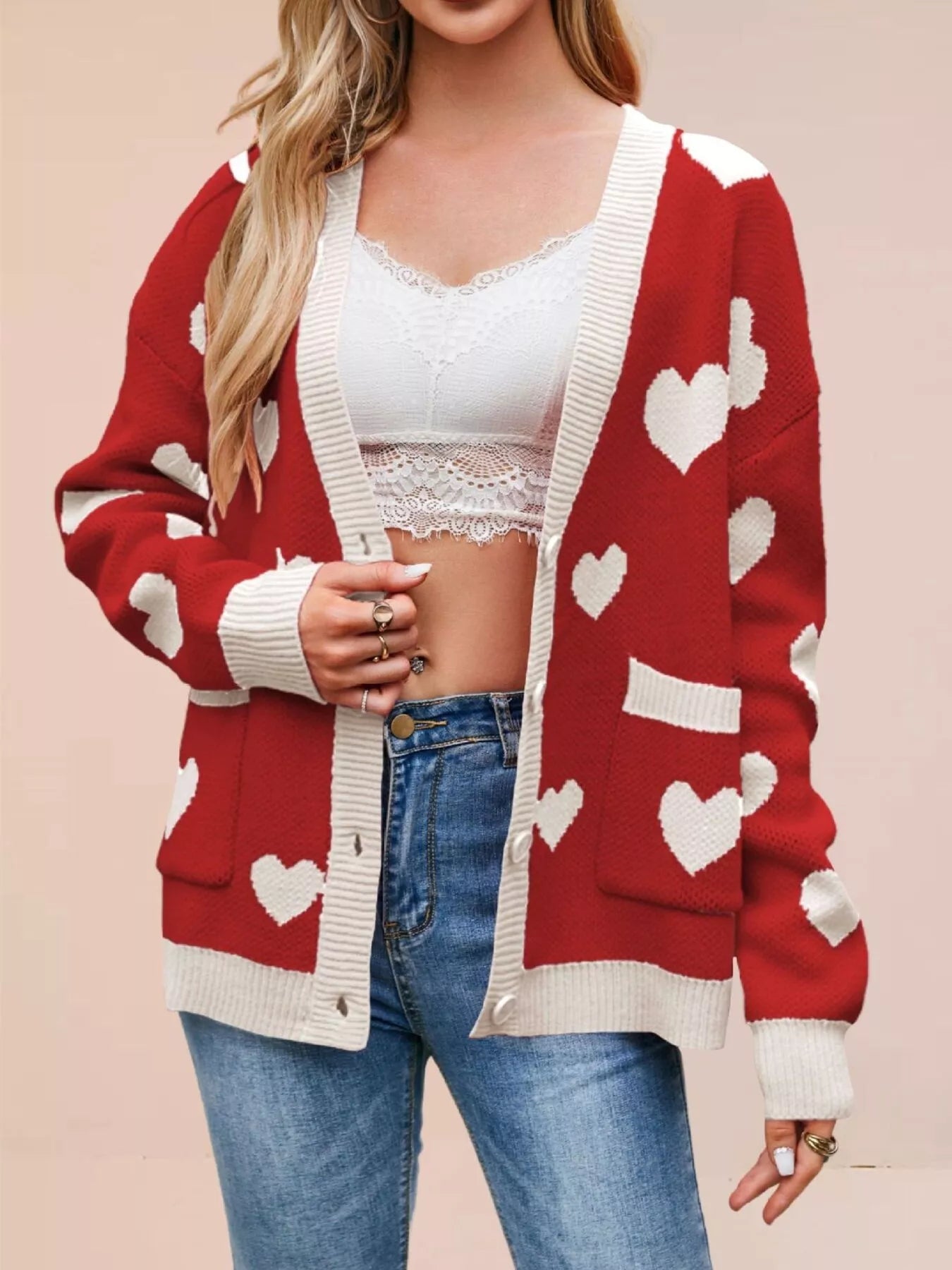 Heart Pattern V-Neck Button-Down Knit Cardigan
