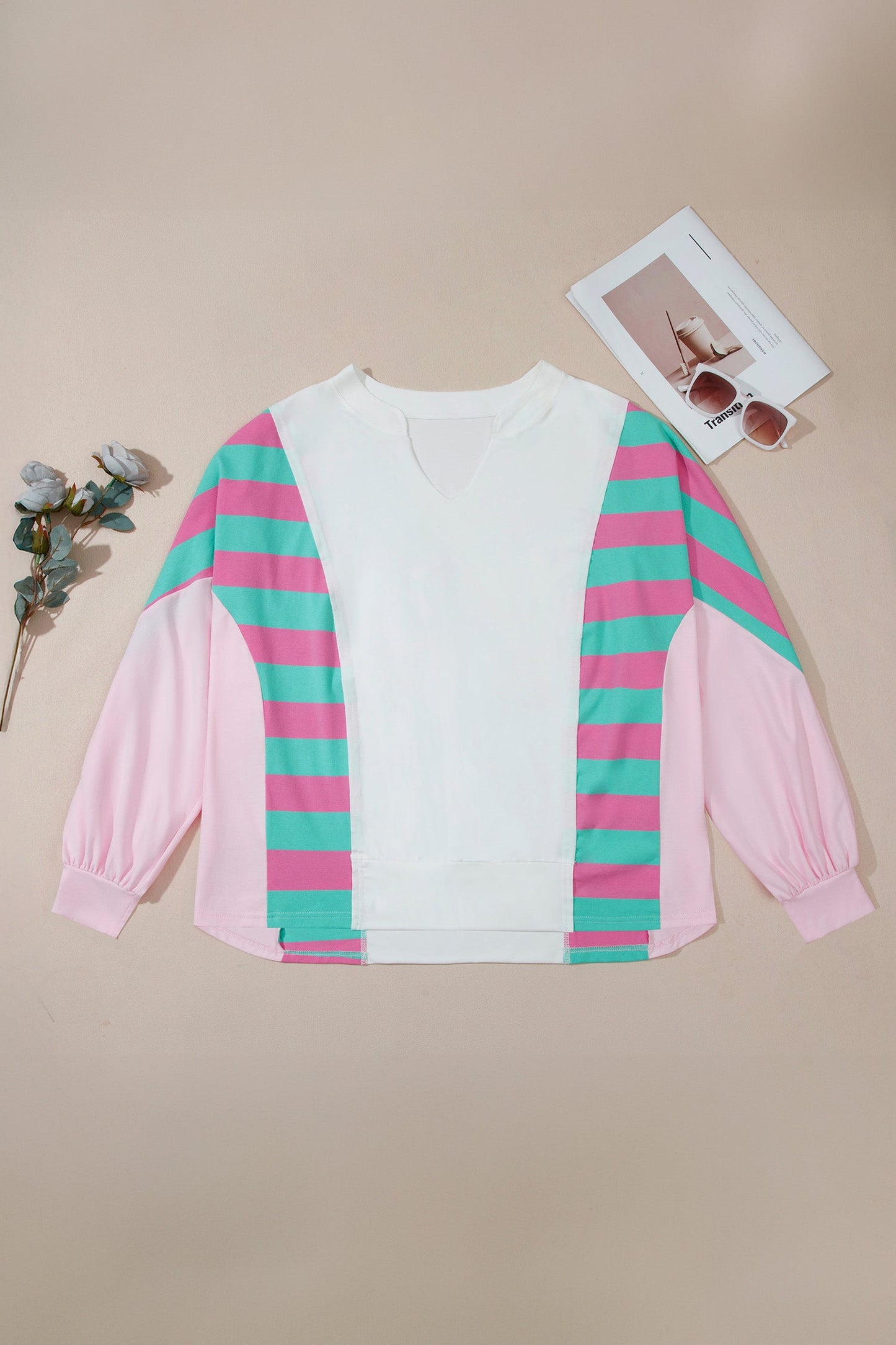 Plus Size Stripe Colorblock V-Neck Long Sleeve Blouse