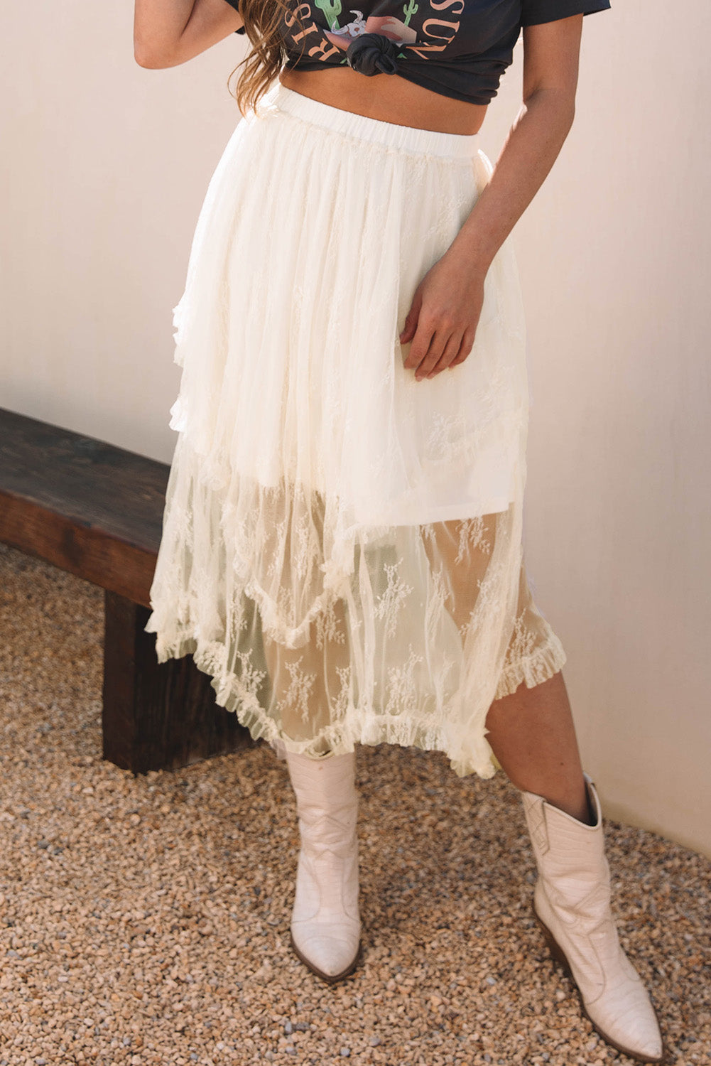Aliza Lace Cascading Tiered High Waist Maxi Skirt
