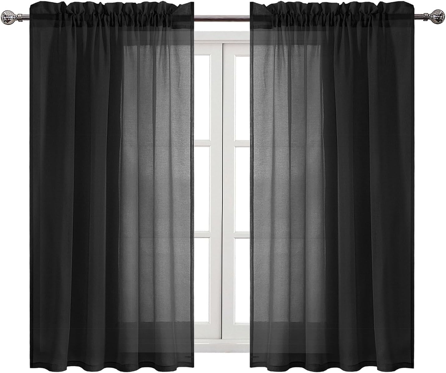 63" Inches Long - Black Sheer Window Rod Pocket Curtain Set (2 Panels)