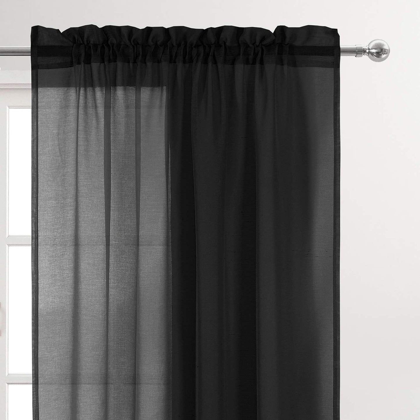 63" Inches Long - Black Sheer Window Rod Pocket Curtain Set (2 Panels)