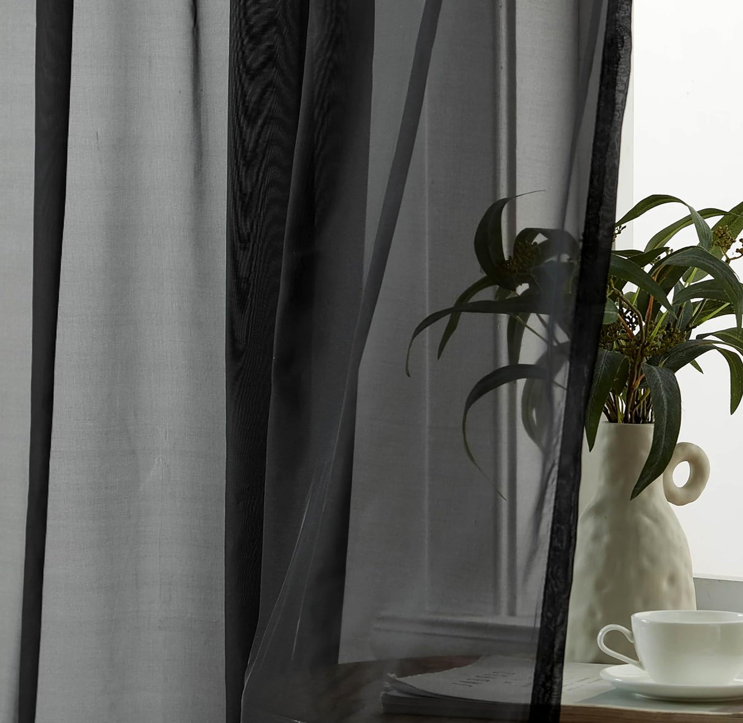 63" Inches Long - Black Sheer Window Rod Pocket Curtain Set (2 Panels)
