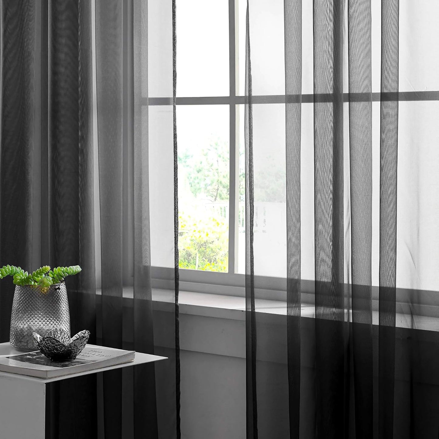 63" Inches Long - Black Sheer Window Rod Pocket Curtain Set (2 Panels)