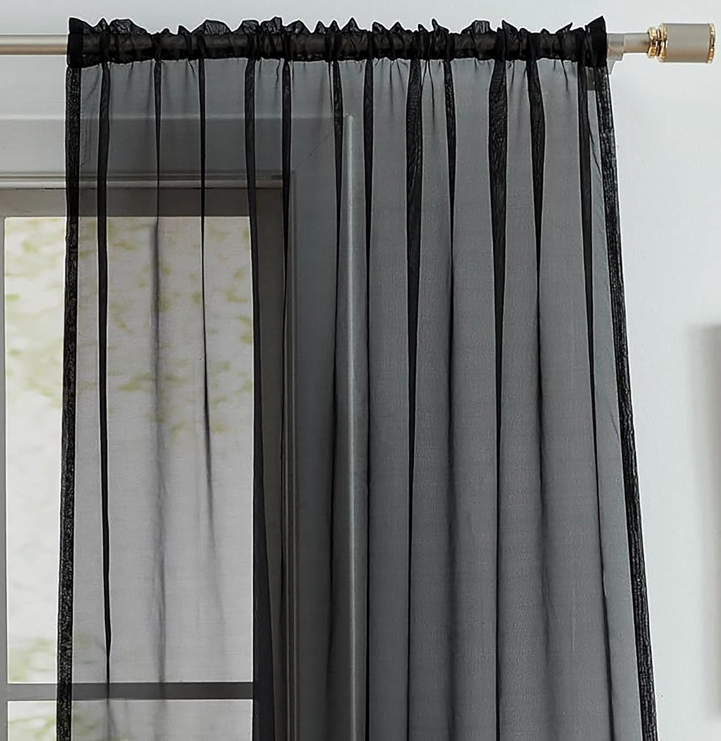 63" Inches Long - Black Sheer Window Rod Pocket Curtain Set (2 Panels)