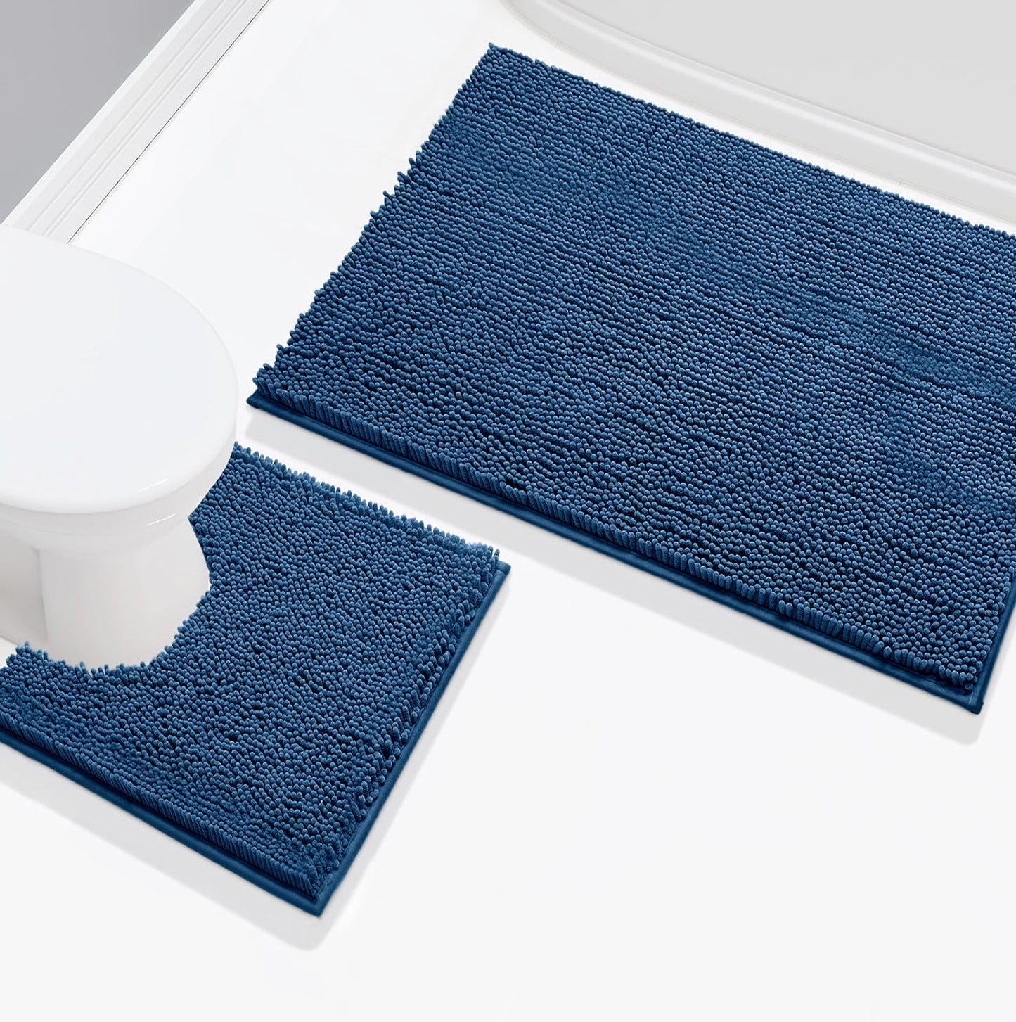 2 Piece Set Blue Soft Cozy Plush Chenille Bath Mat Bathroom Rug