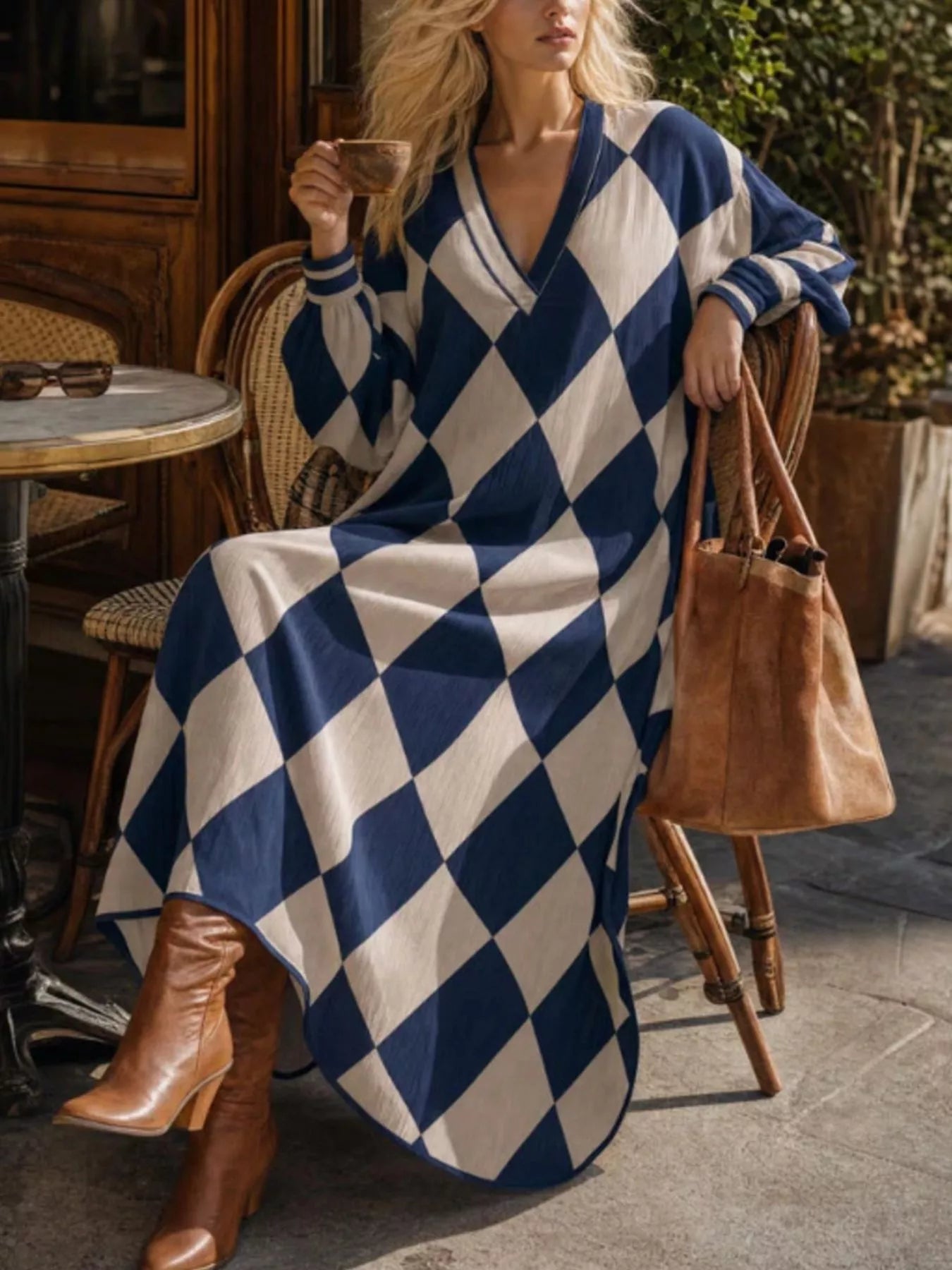 Argyle Pattern V-Neck Long Sleeve Dress