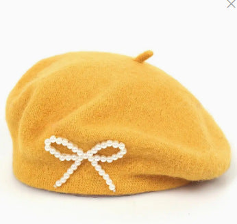 Pearl Bow Wool Breathable Beret
