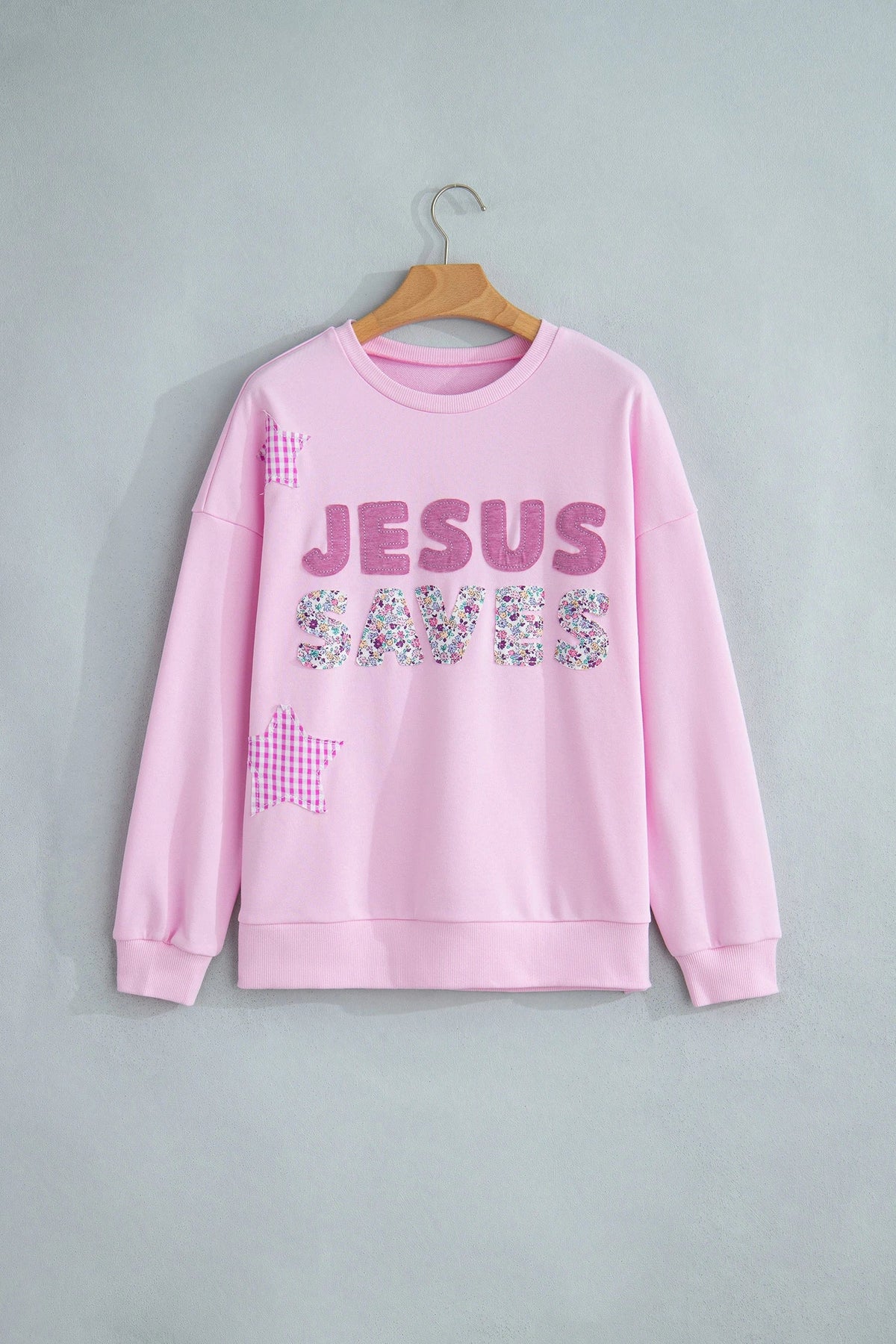 JESUS SAVES Floral Gingham Star Patchwork Sweatshirt