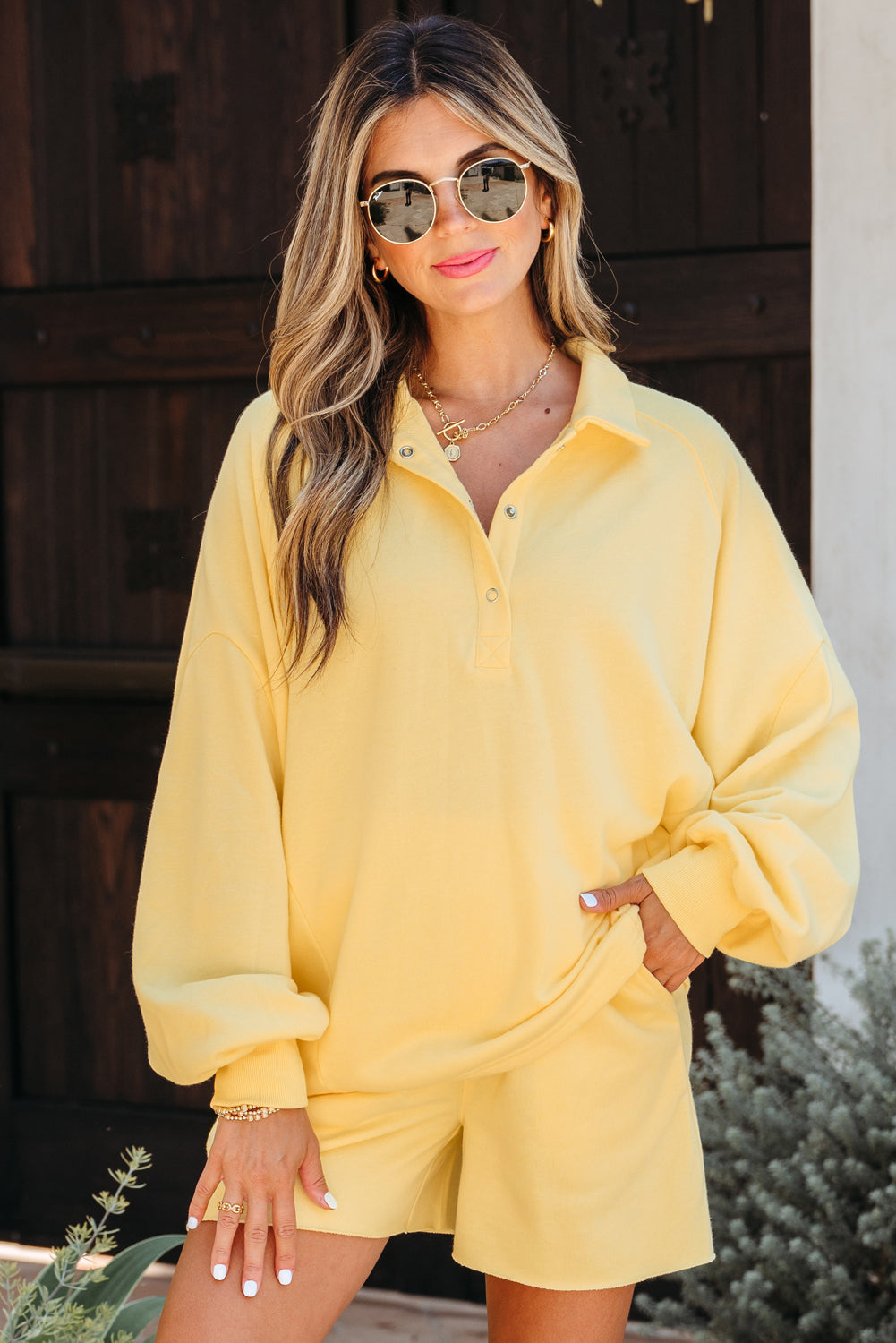 Kylie Button Collar Drop Shoulder Pullover and Shorts 2pcs Outfit