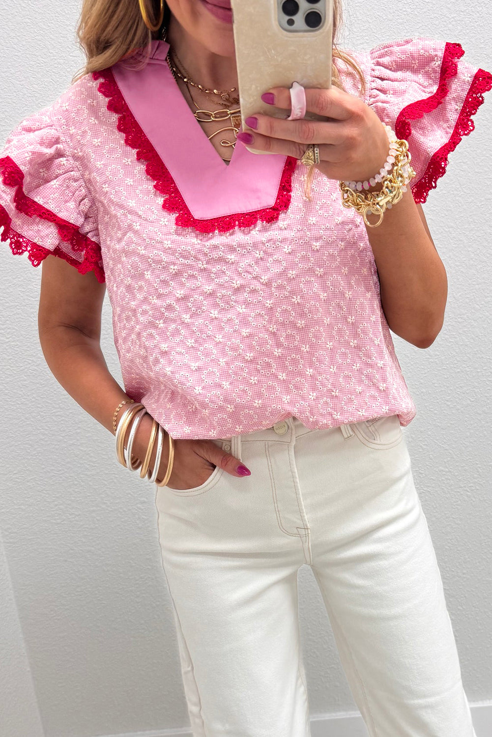 Flower Eyelet Embroidered Lace Flutter Sleeve Blouse