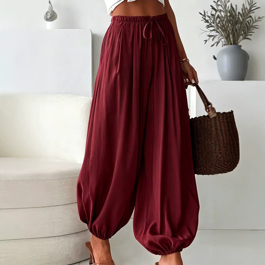2026 Women's Summer Loose Drawstring Wide-Leg Cropped Pants With Draped Effect Harem Pants For Export Cross-Border Women's Fashion