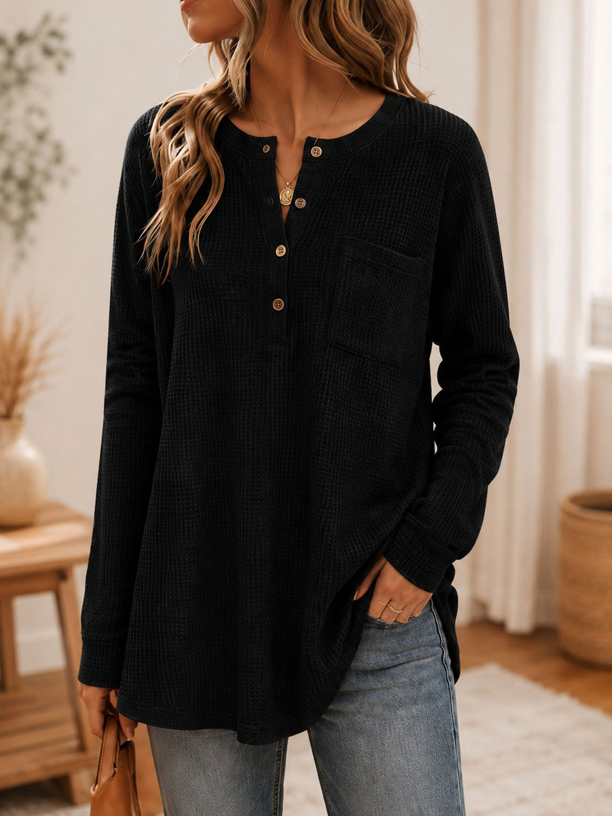 Anno Fashion New Solid Waffle Knit Long Sleeve Top With Pockets & Buttons