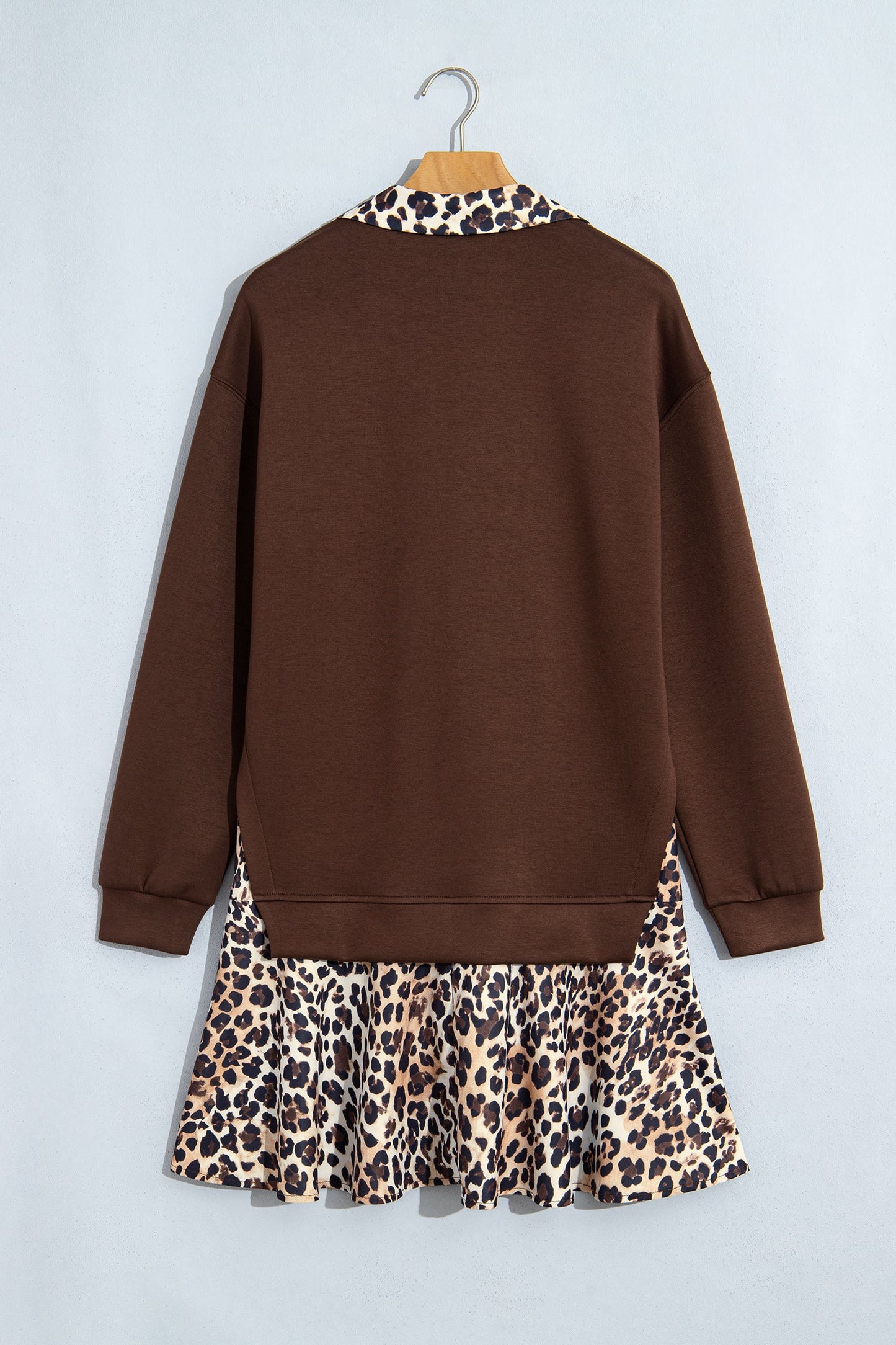 Leopard Patchwork Collared Long Sleeve Mini Dress