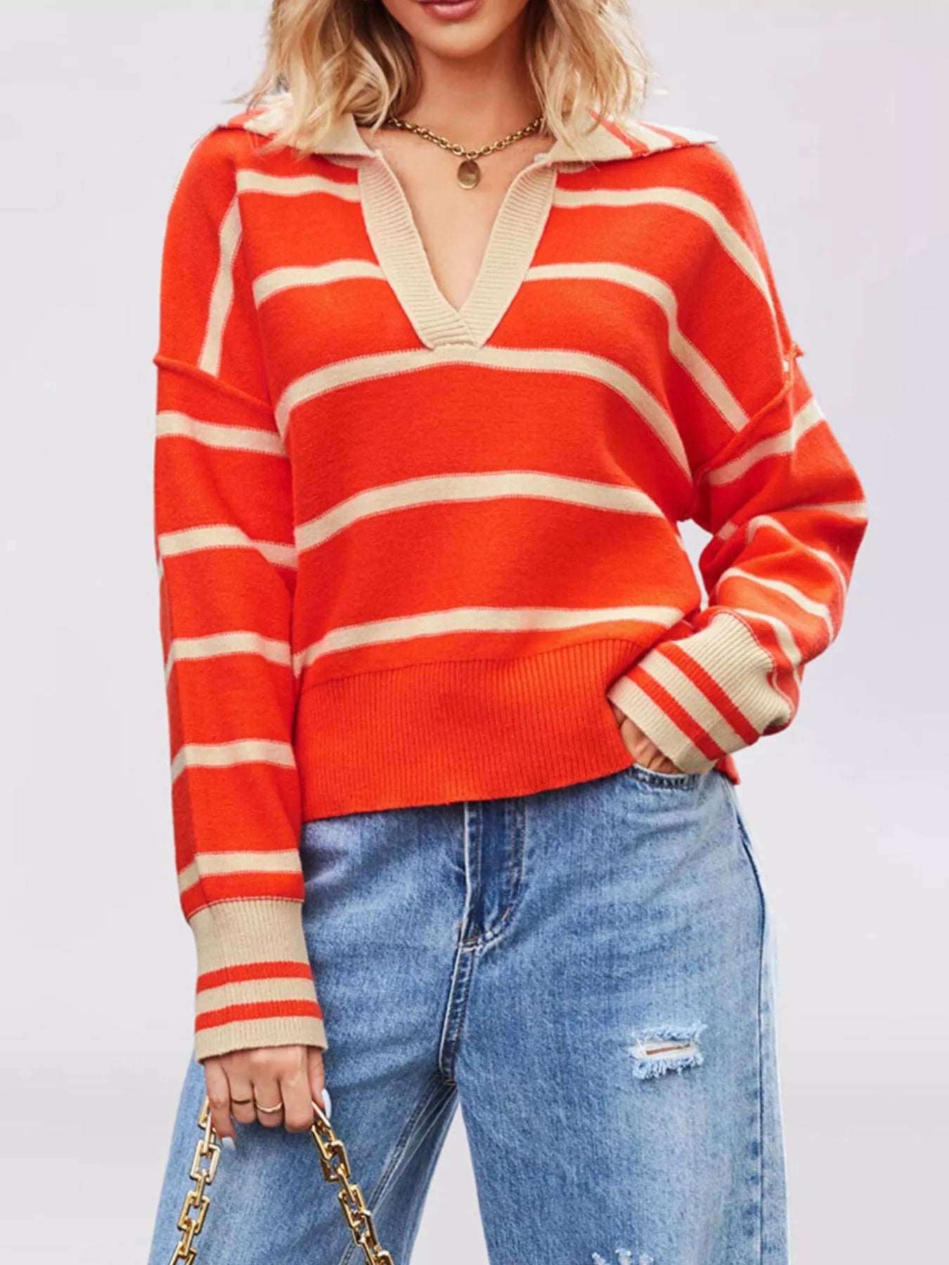 Striped Johnny Collar Dropped Shoulder Sweater