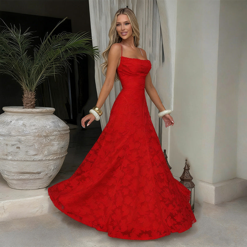 Cross-Border Amazon European And American Style Women's Evening Dress New Fashion Versatile Hot Girl Style Burgundy Sexy Suspender Dress