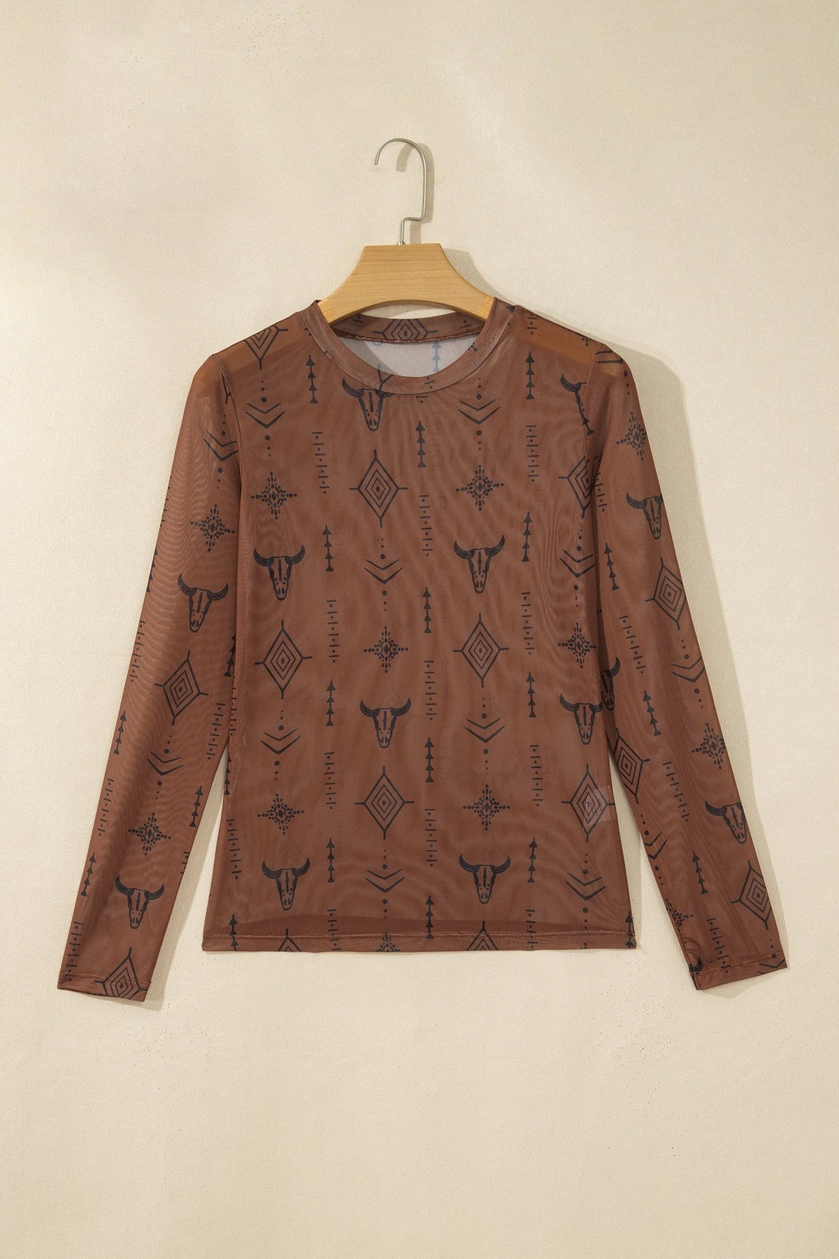 Western Semi Sheer Mesh Long Sleeve Top