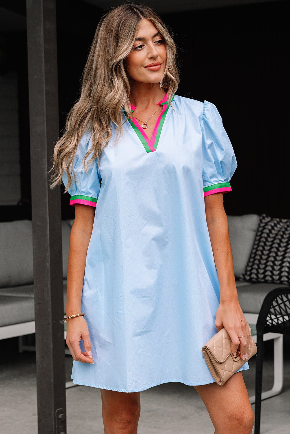 Lily Striped Notched V Neck Puff Sleeve Mini Dress
