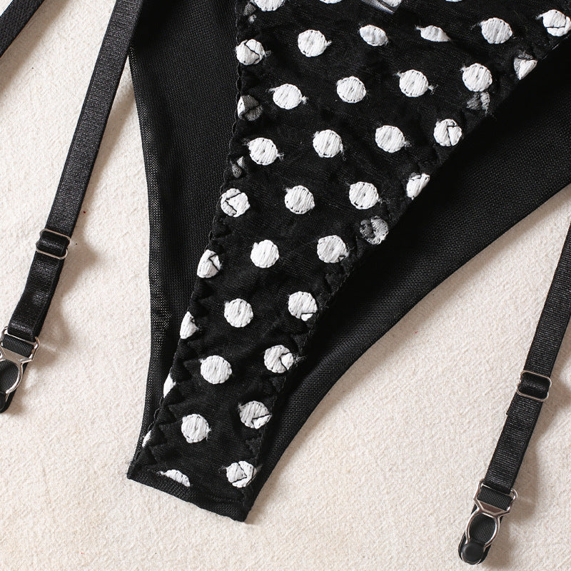 Polka Dot Lingerie Four-piece Set With Scarf Waist Bow Ultra-thin See-through