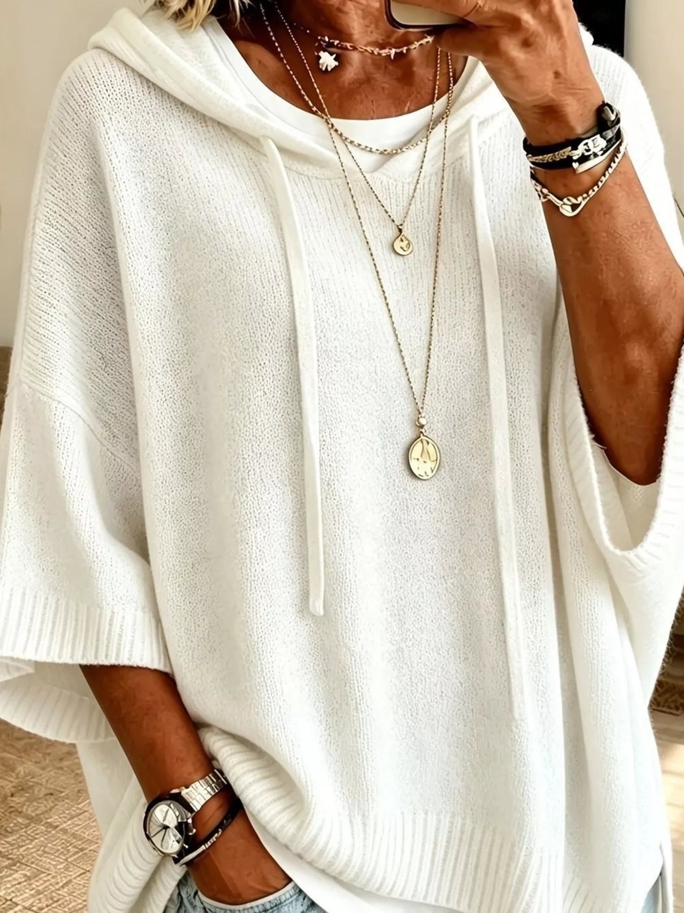 Full Size Drawstring 3/4 Sleeve Hooded Sweater Plus Size