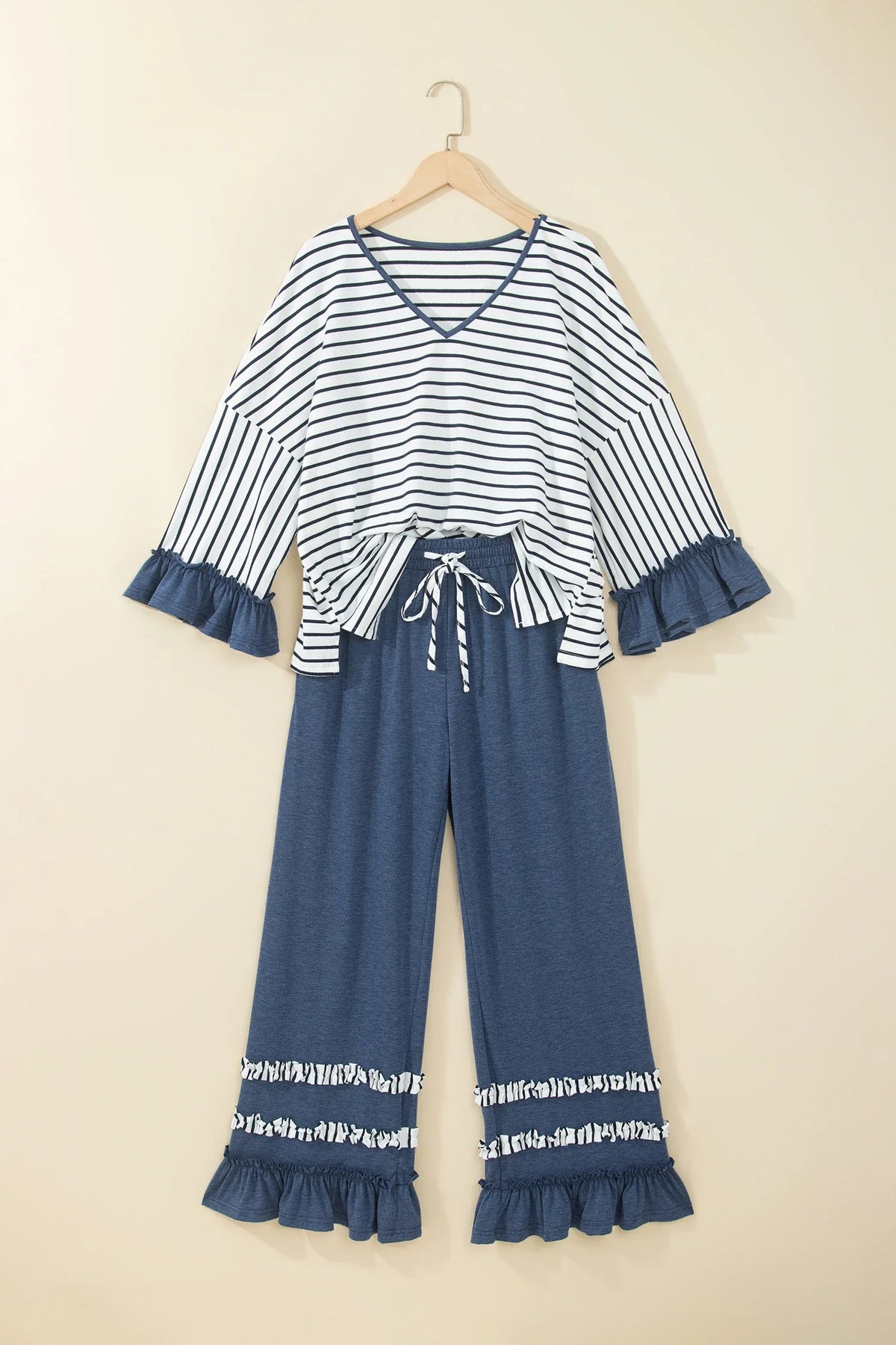 Stripe Ruffle Patchwork V-Neck Top & Pants Set