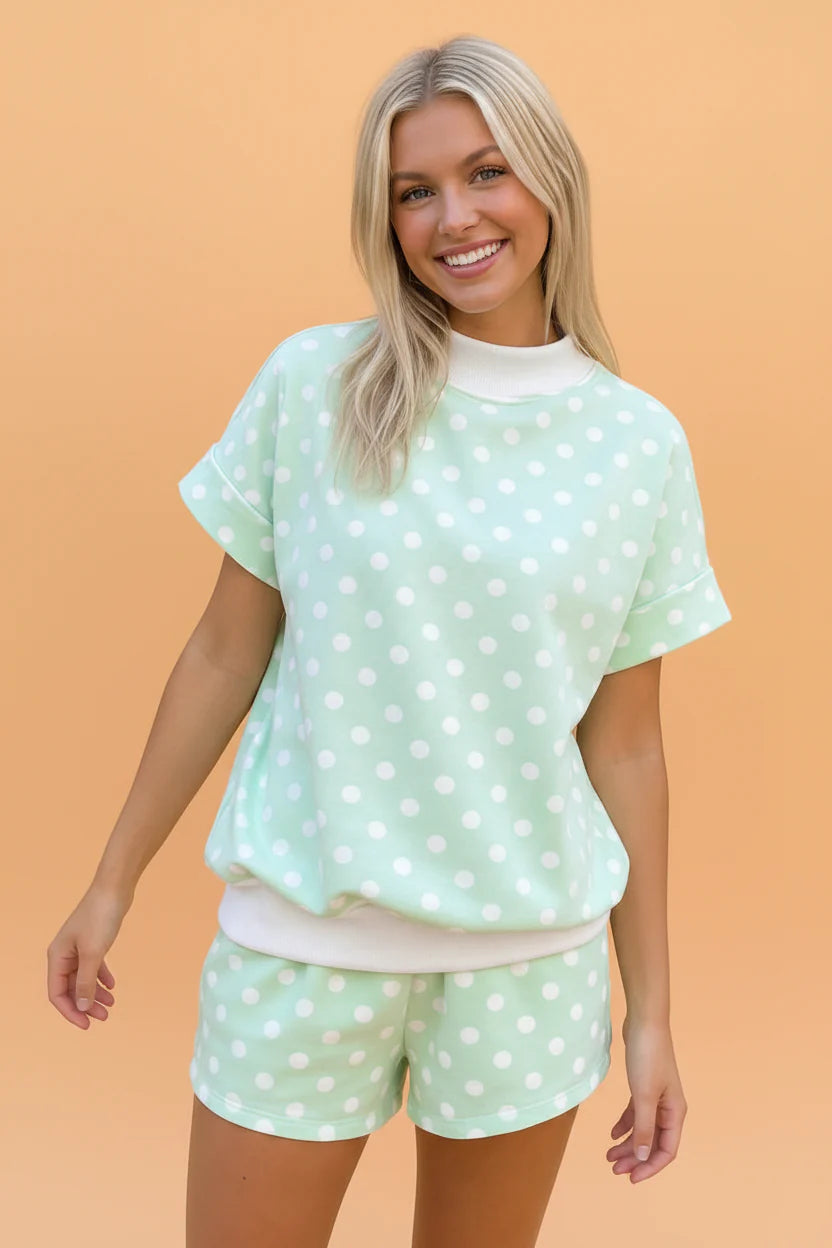 Polka Dot Colorblock Mock Neck & Shorts Set