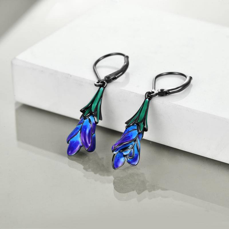 Sterling Silver Purple Tulip Flower Dangle Handmade Dangle Drop Earrings