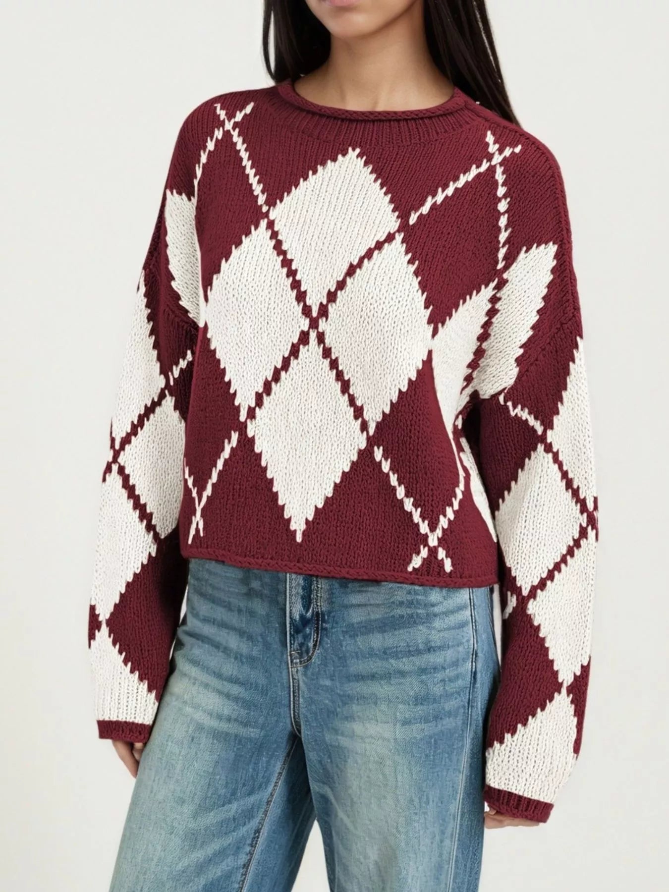 Argyle Pattern Knit Dropped Shoulder Sweater
