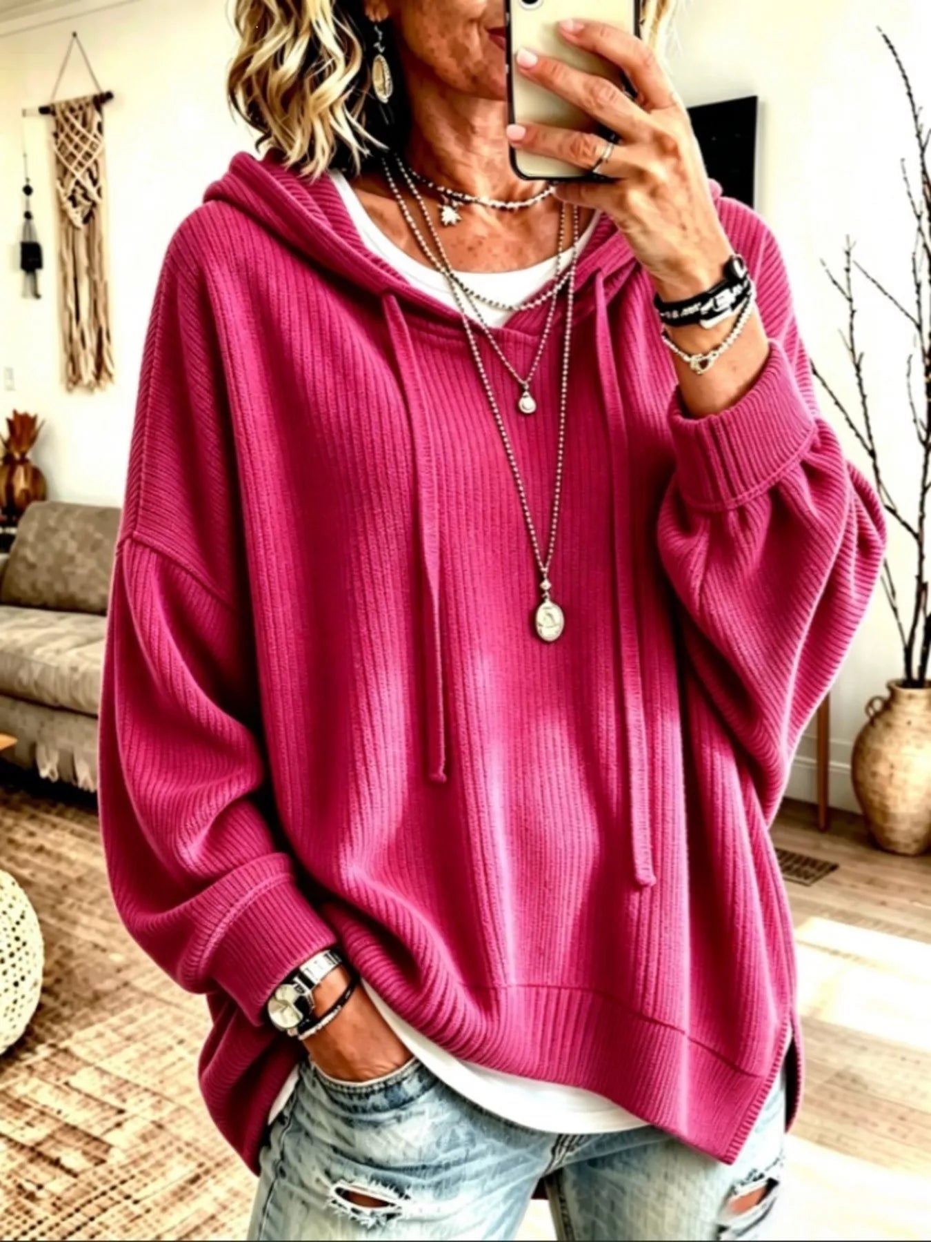 Drawstring Ribbed Knit Hoodie