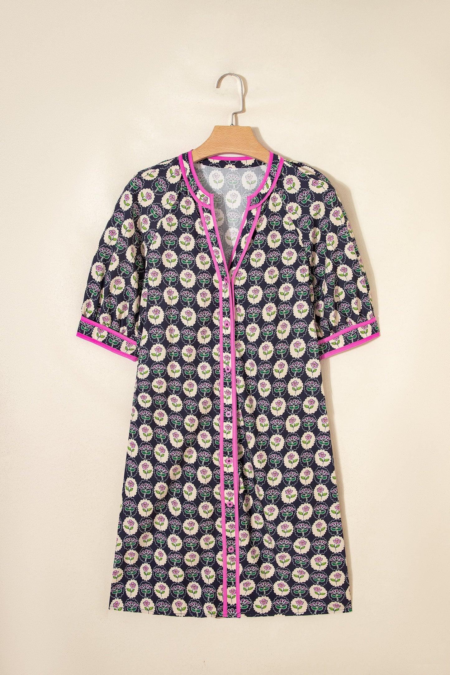Floral Stripe Trim Short Sleeve Shift Dress