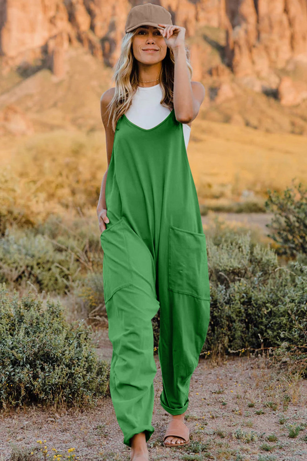 V-Neck Sleeveless Jumpsuit with Pocket