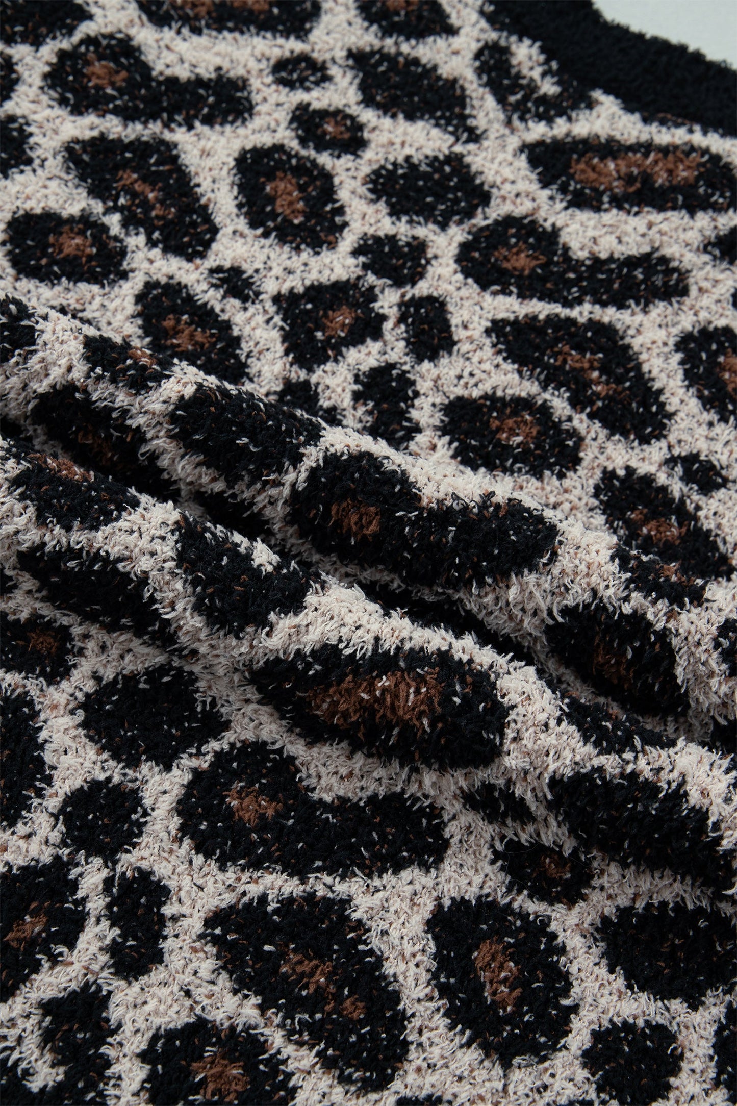Leopard Star Patchwork Round Neck Fuzzy Sweater