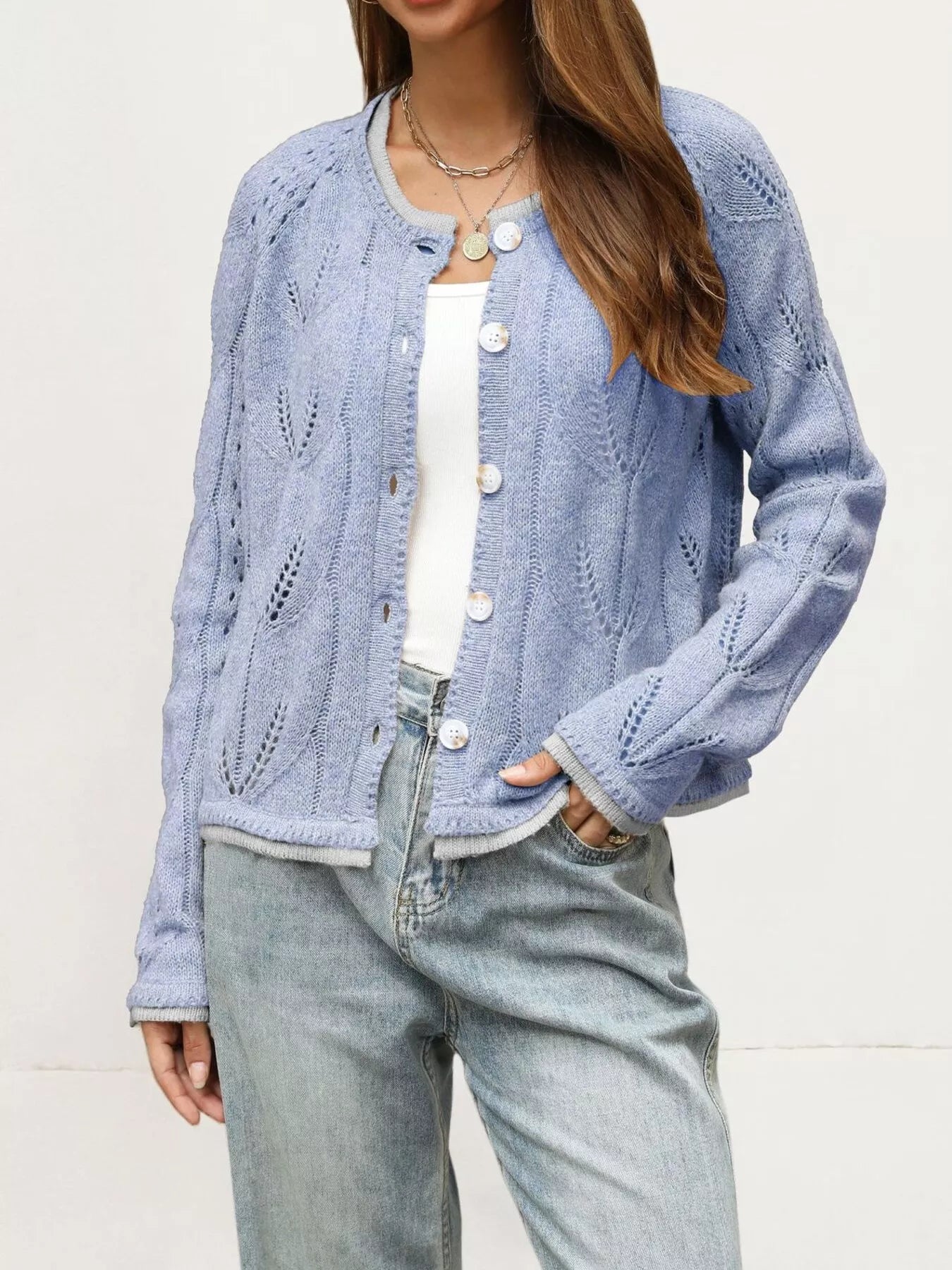 Hollow-Out Knit Button-Down Cardigan