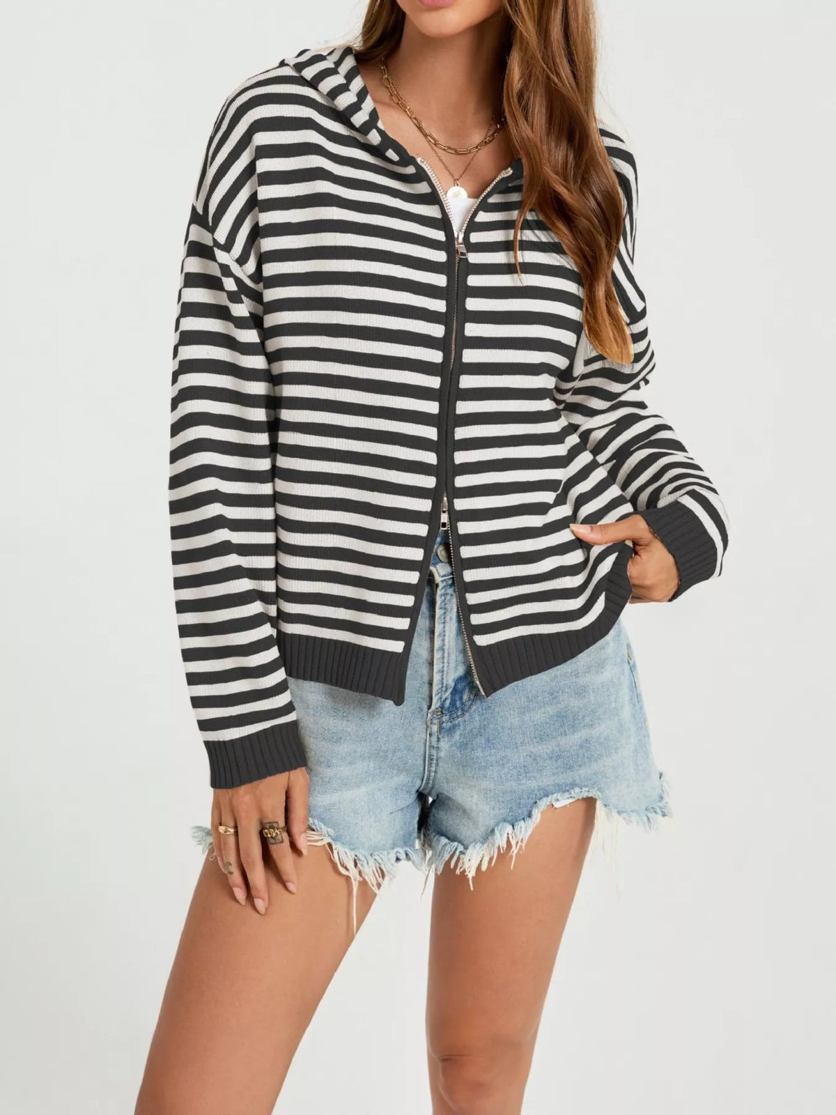 Striped Hooded Zip-Up Knit Cardigan
