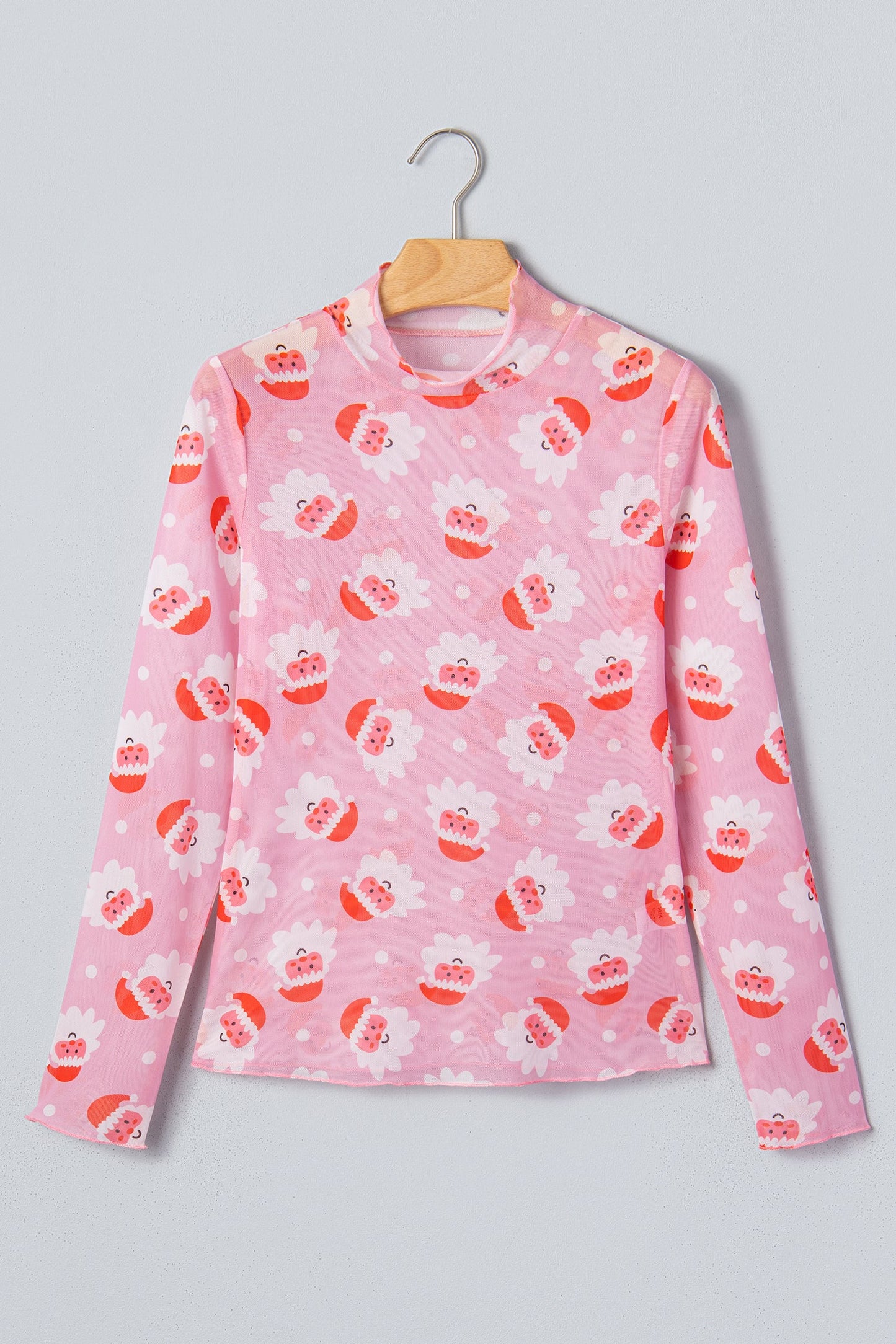 Christmas Santa Mesh Mock Neck Long Sleeve Top