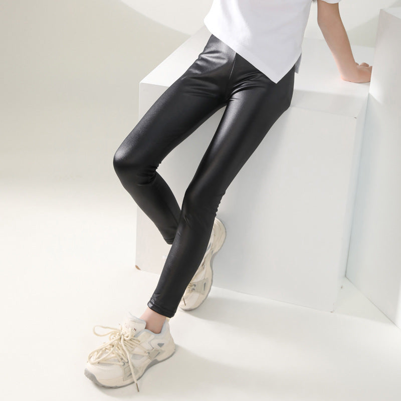 Thin Childrens Slim-fit Faux Leather Pants
