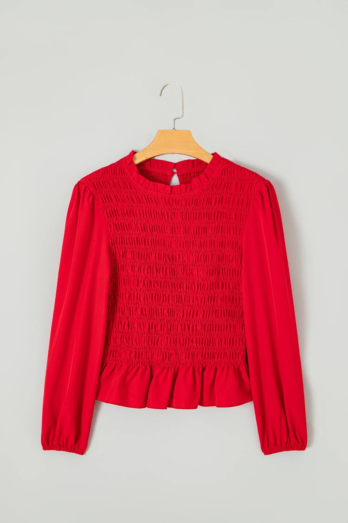 Solid Smocked Ruffle Hem Long Sleeve Blouse