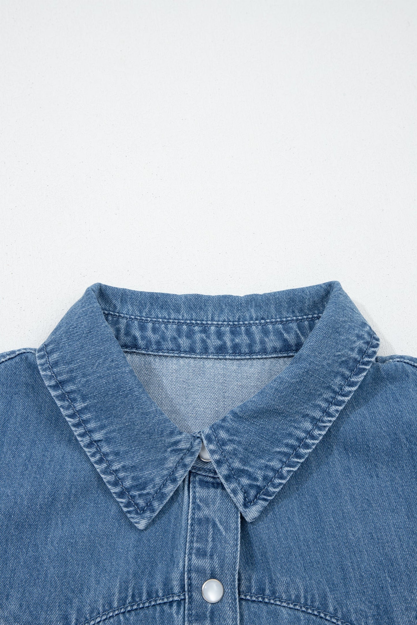Solid Denim Ruffle Short Sleeve Buttoned Shirt