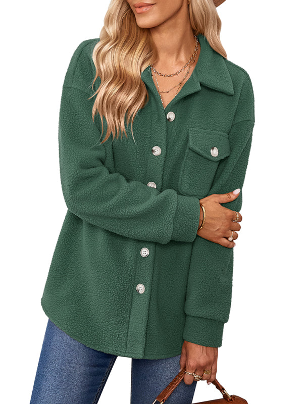 Women's solid color fashion Lapel Plush loose coat